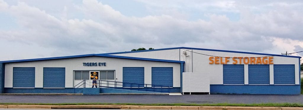 Tigers Eye Self Storage front of building Greenwood with mascot
